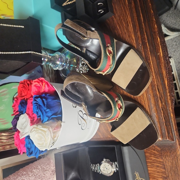 Gucci Brown Suede Web Horsebit Block Heel Slingback Sandal - Picture 2 of 11